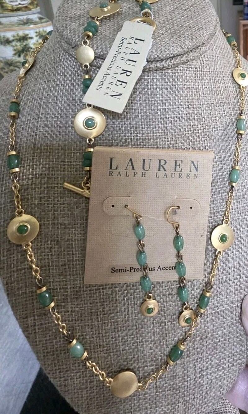NWT Lauren Ralph Lauren Green Jade Disc Jewelry Set Necklace Bracelet Earrings